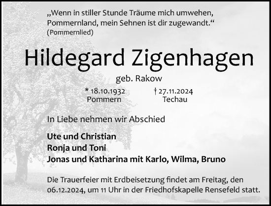 Traueranzeige von Hildegard Zigenhagen von Lübecker Nachrichten