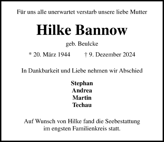 Traueranzeige von Hilke Bannow von Lübecker Nachrichten