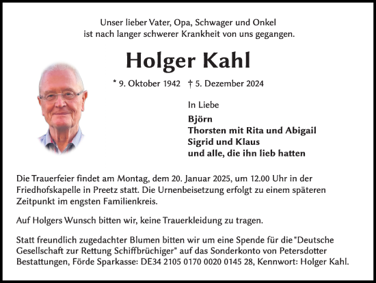 Traueranzeige von Holger Kahl von Kieler Nachrichten