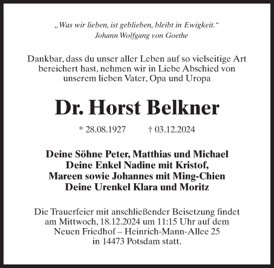 Traueranzeige von Horst Belkner von Märkischen Allgemeine Zeitung