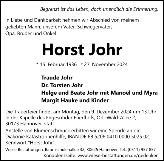 Traueranzeige von Horst Johr von Hannoversche Allgemeine Zeitung/Neue Presse