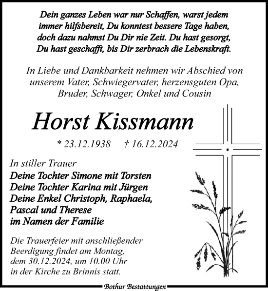 Traueranzeige von Horst Kissmann von Leipziger Volkszeitung