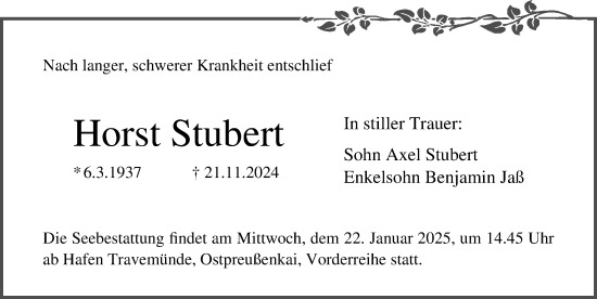 Traueranzeige von Horst Stubert von Lübecker Nachrichten