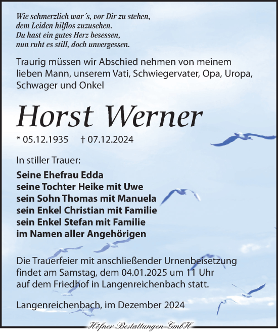 Traueranzeige von Horst Werner von Torgauer Zeitung