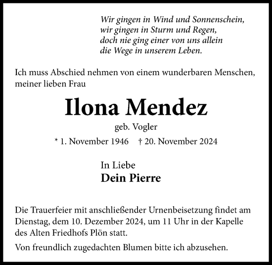 Traueranzeige von Ilona Mendez von Kieler Nachrichten