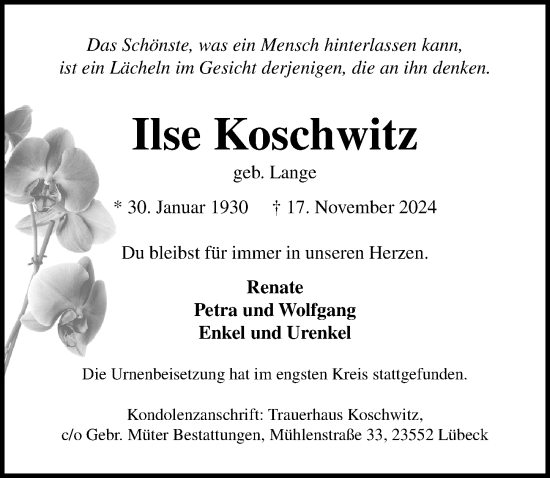 Traueranzeige von Ilse Koschwitz von Lübecker Nachrichten