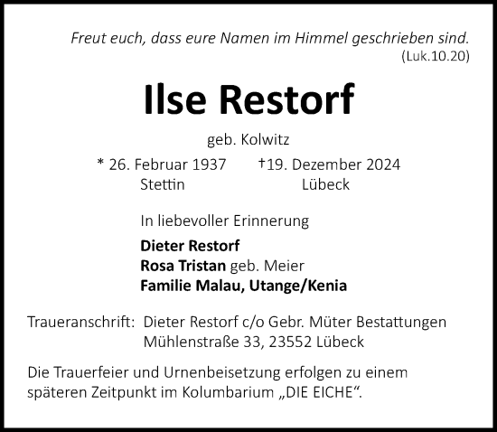 Traueranzeige von Ilse Restorf von Lübecker Nachrichten