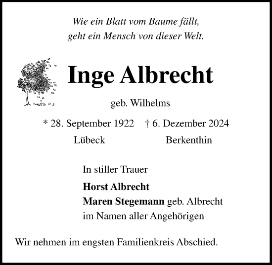 Traueranzeige von Inge Albrecht von Lübecker Nachrichten