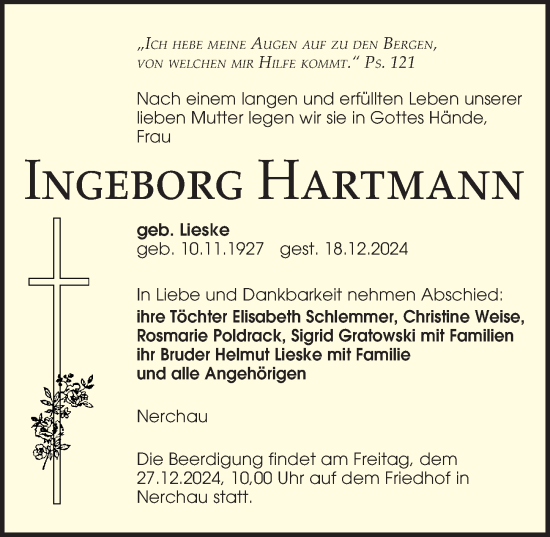 Traueranzeige von Ingeborg Hartmann von Leipziger Volkszeitung