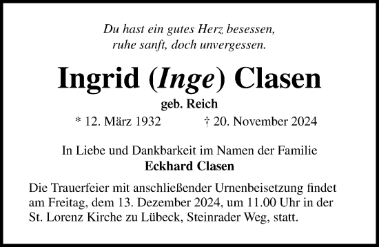 Traueranzeige von Ingrid Clasen von Lübecker Nachrichten