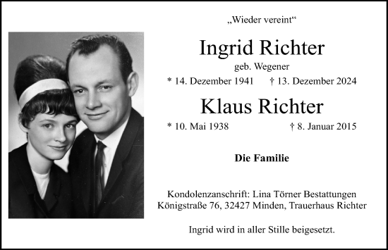 Traueranzeige von Ingrid Richter von Schaumburger Nachrichten und Schaumburger Zeitung/ Landes-Zeitung