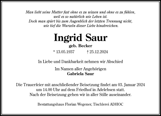 Traueranzeige von Ingrid Saur von Göttinger Tageblatt