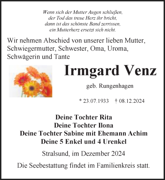 Traueranzeige von Irmgard Venz von Ostsee-Zeitung GmbH