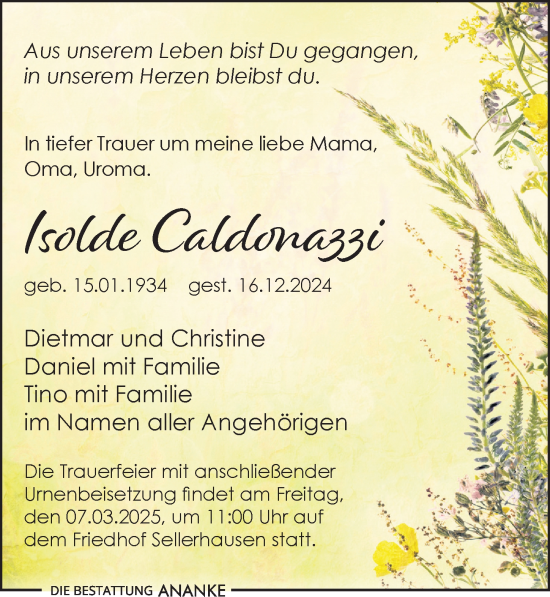 Traueranzeige von Isolde Caldonazzi von Leipziger Volkszeitung