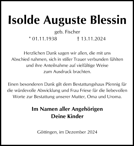 Traueranzeige von Isolde Auguste Blessin von Göttinger Tageblatt