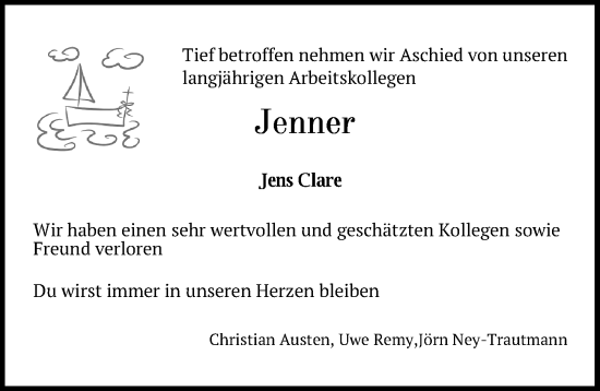 Traueranzeige von Jens Clare von Ostsee-Zeitung GmbH