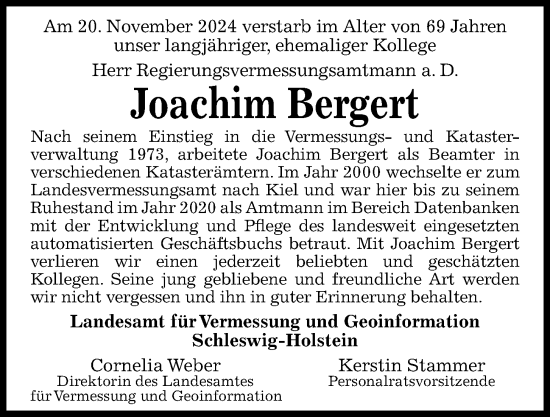 Traueranzeige von Joachim Bergert von Kieler Nachrichten