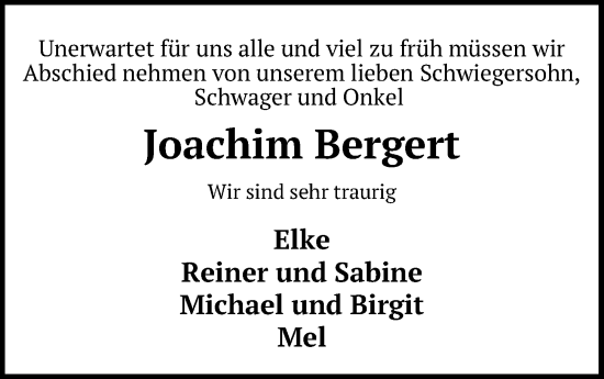 Traueranzeige von Joachim Bergert von Kieler Nachrichten