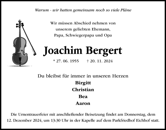 Traueranzeige von Joachim Bergert von Kieler Nachrichten