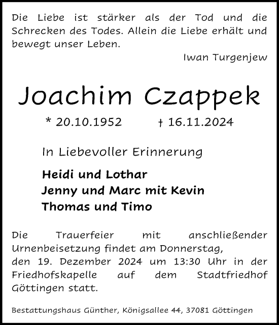 Traueranzeige von Joachim Czappek von Göttinger Tageblatt