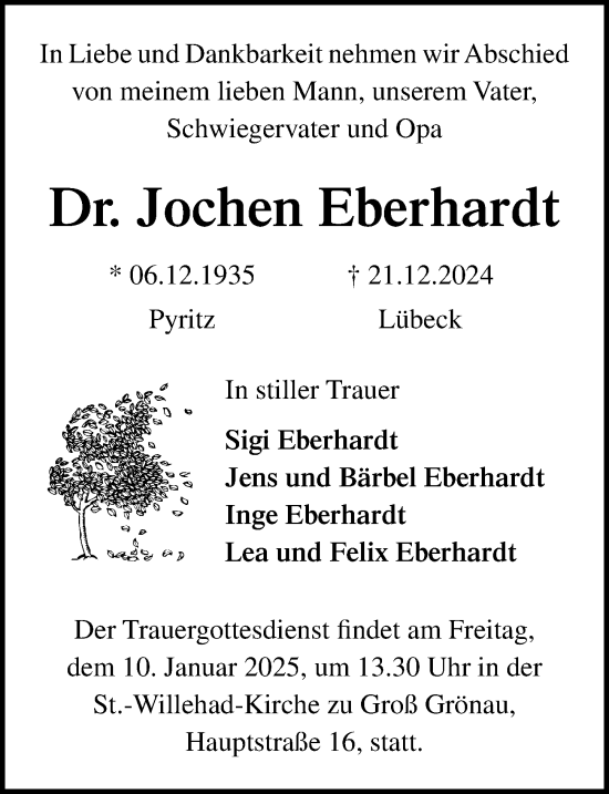 Traueranzeige von Jochen Eberhardt von Lübecker Nachrichten