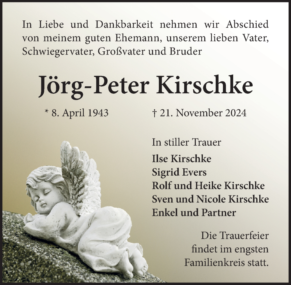  Traueranzeige für Jörg-Peter Kirschke vom 01.12.2024 aus Lübecker Nachrichten
