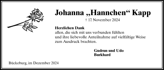 Traueranzeige von Johanna Kapp von Schaumburger Nachrichten