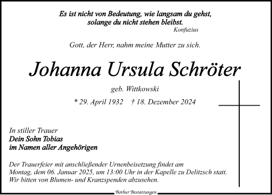 Traueranzeige von Johanna  Schröter von Leipziger Volkszeitung