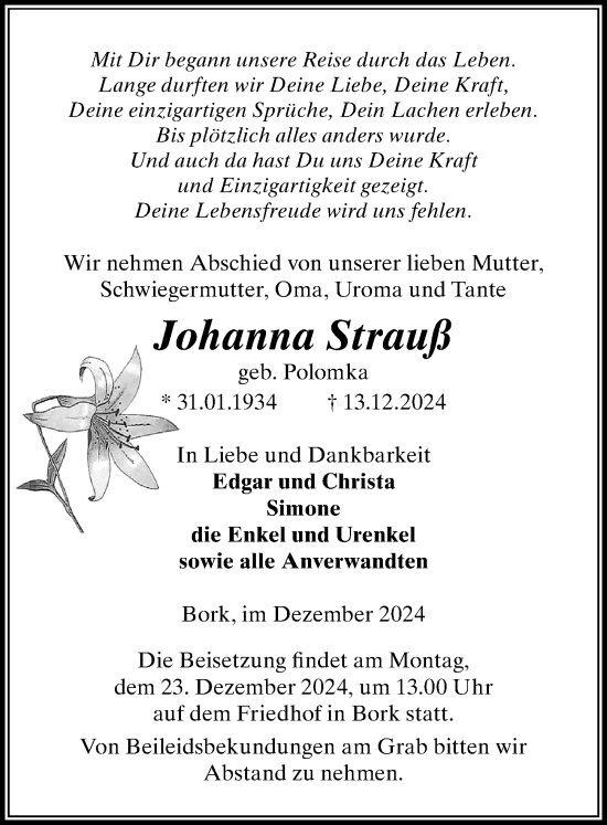 Traueranzeige von Johanna Strauß von Wochenspiegel