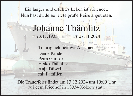 Traueranzeige von Johanne Thämlitz von Ostsee-Zeitung GmbH