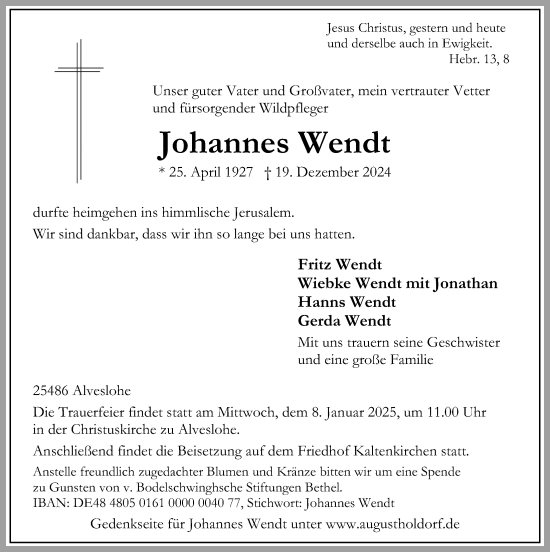 Traueranzeige von Johannes Wendt von Kieler Nachrichten