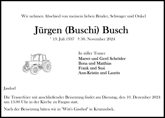 Traueranzeige von Jürgen Busch von Kieler Nachrichten