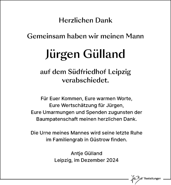 Traueranzeige von Jürgen Gülland von Leipziger Volkszeitung