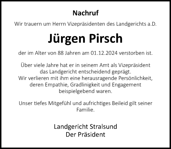 Traueranzeige von Jürgen Pirsch von Ostsee-Zeitung GmbH