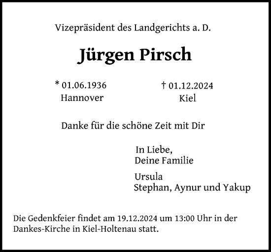 Traueranzeige von Jürgen Pirsch von Kieler Nachrichten