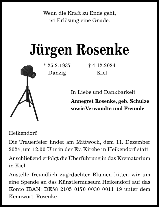 Traueranzeige von Jürgen Rosenke von Kieler Nachrichten