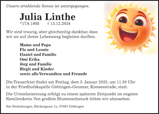 Traueranzeige von Julia Linthe von Göttinger Tageblatt