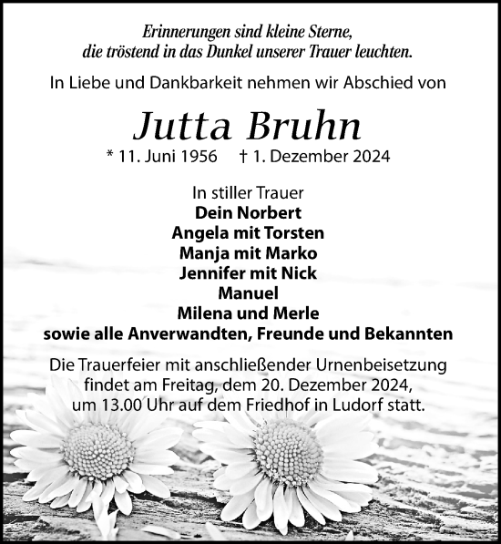 Traueranzeige von Jutta Bruhn von Wochenspiegel