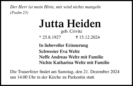 Traueranzeige von Jutta Heiden von Ostsee-Zeitung GmbH