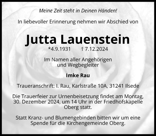 Traueranzeige von Jutta Lauenstein von Peiner Allgemeine Zeitung