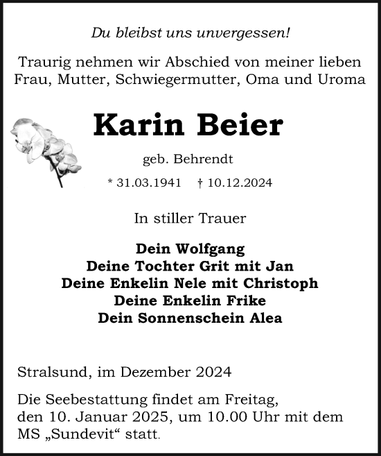 Traueranzeige von Karin Beier von Ostsee-Zeitung GmbH