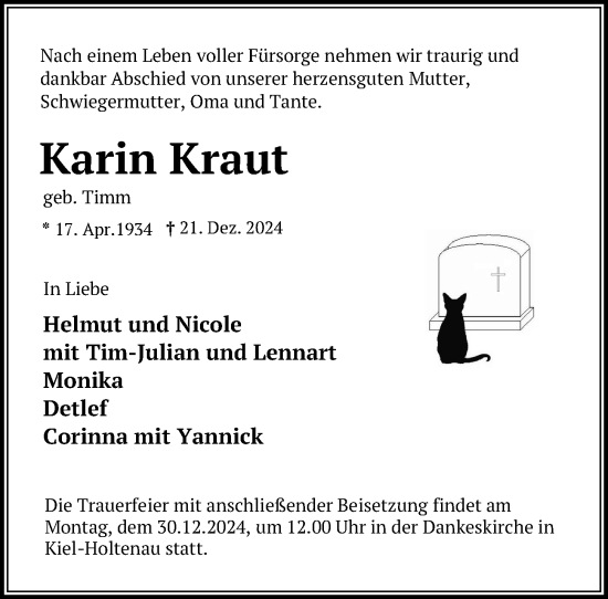 Traueranzeige von Karin Kraut von Kieler Nachrichten