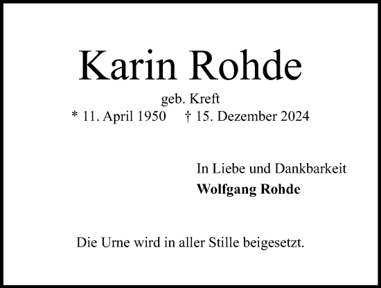 Traueranzeige von Karin Rohde von Kieler Nachrichten