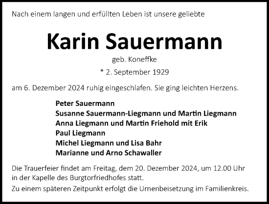 Traueranzeige von Karin Sauermann von Lübecker Nachrichten