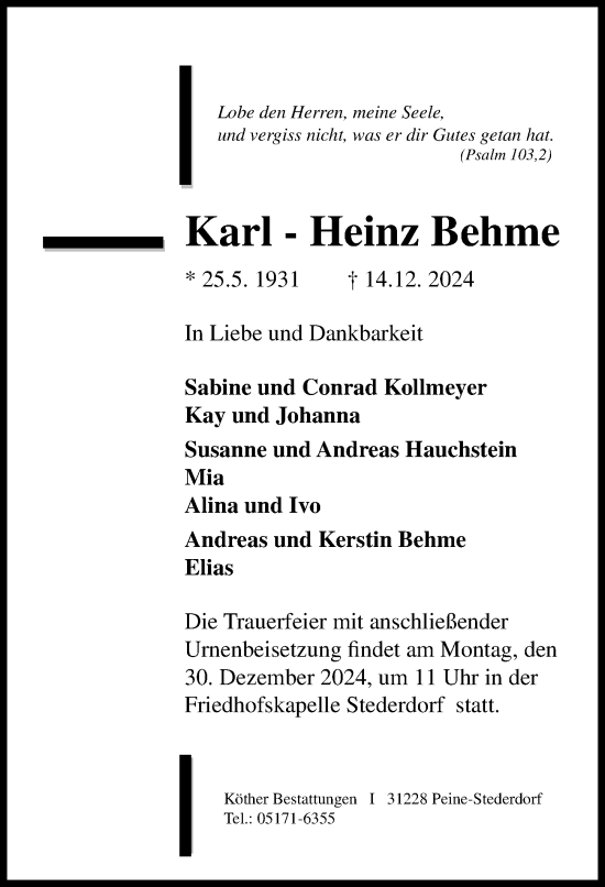 Traueranzeige von Karl-Heinz Behme von Peiner Allgemeine Zeitung