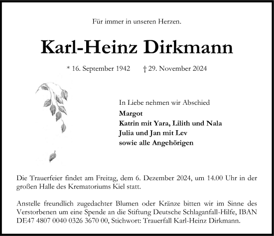 Traueranzeige von Karl-Heinz Dirkmann von Kieler Nachrichten