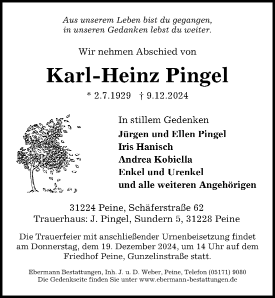 Traueranzeige von Karl-Heinz Pingel von Peiner Allgemeine Zeitung