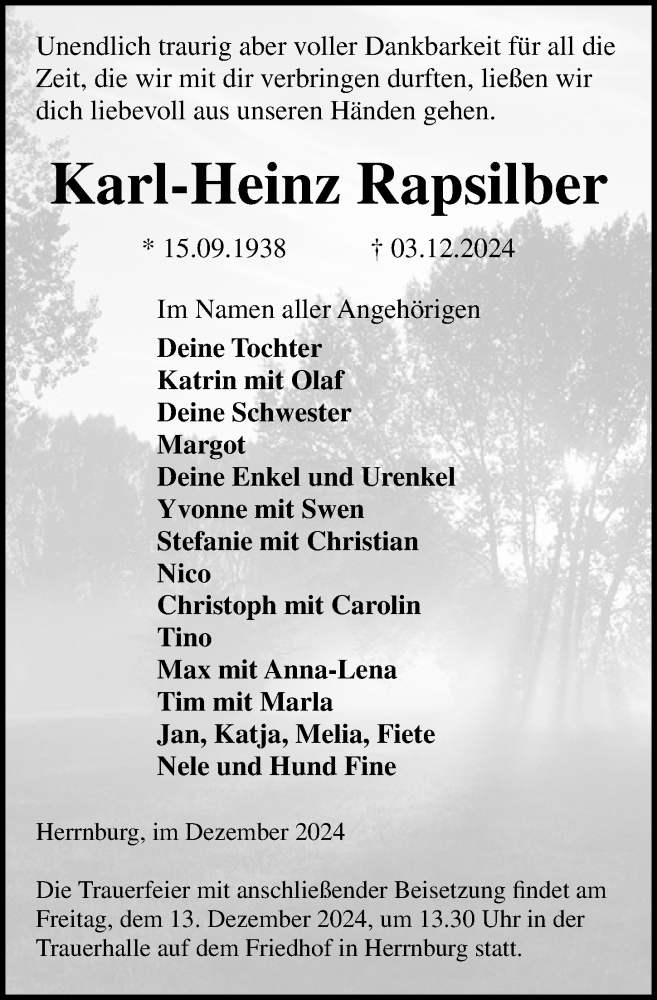  Traueranzeige für Karl-Heinz Rapsilber vom 07.12.2024 aus Ostsee-Zeitung GmbH