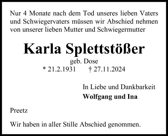 Traueranzeige von Karla Splettstößer von Kieler Nachrichten