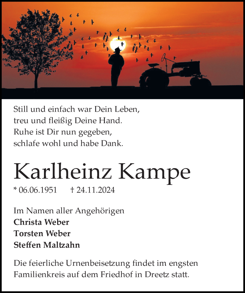  Traueranzeige für Karlheinz Kampe vom 07.12.2024 aus Wochenspiegel